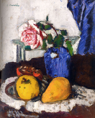 Fruit and Pink Rose in a Blue Vase